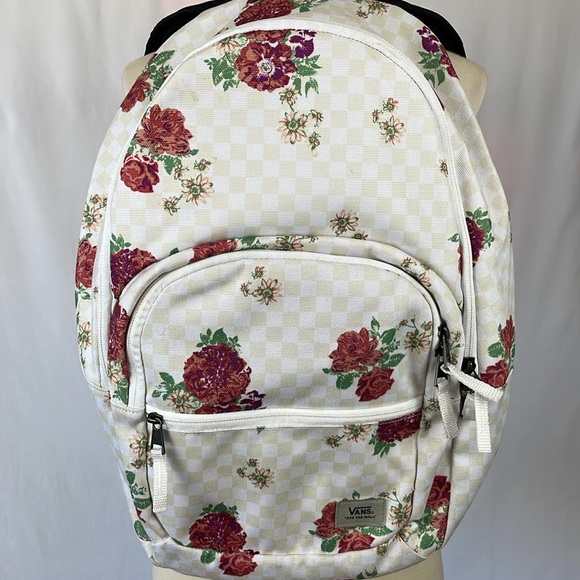 VANS Cream & White Checkerboard Floral Full Size Backpack with Zipper Pockets - Picture 4 of 17